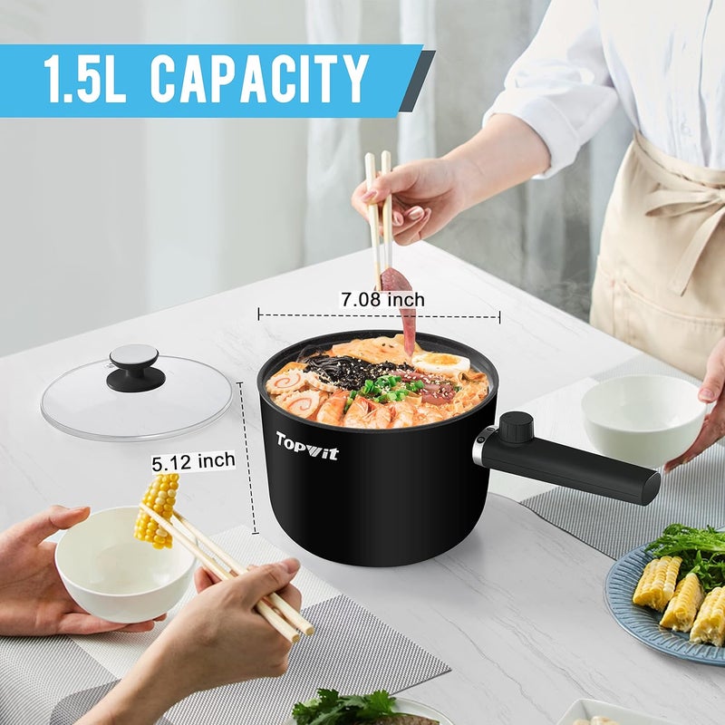 TopWit Hot Pot Electric, 1.5L Ramen Cooker, Portable Non-Stick Frying Pan, Electric Pot for Pasta, Steak, BPA Free, Electric Cooker with Dual Power Control, Over-Heating & Boil Dry Protection, Black - Image 3